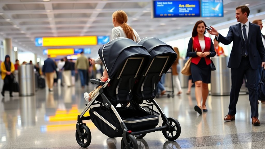 travel system stroller and car seat used for airport navigation