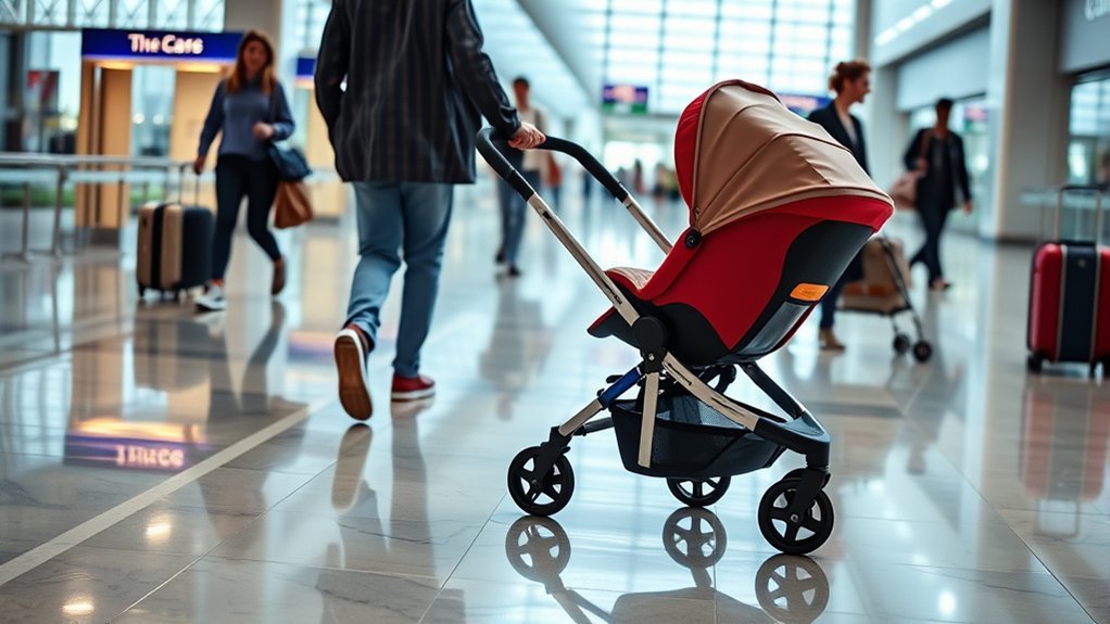 parent traveling through airport with familiar car seat and stroller gear