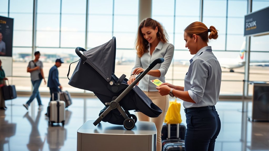 Parent using a baby carrier while walking through an airport without a stroller