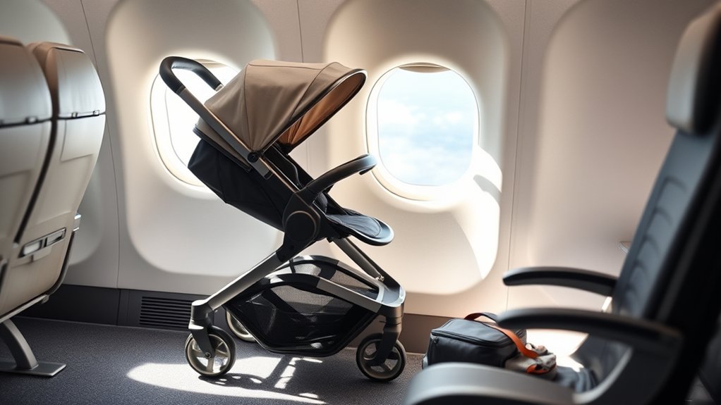 family traveling through an airport with a stroller