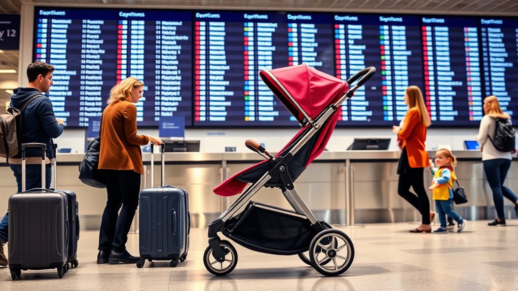 family traveling through an airport with a stroller