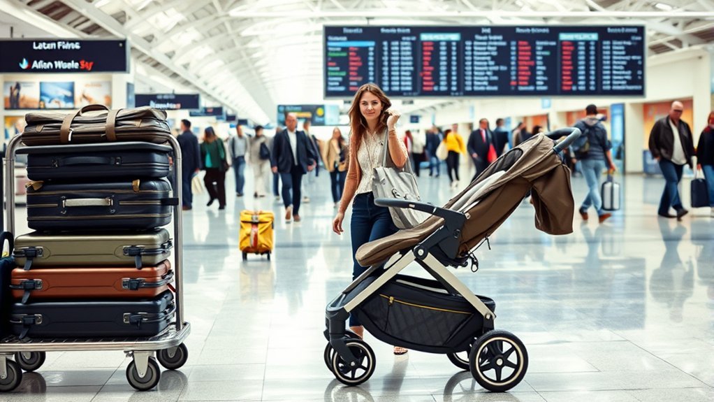 parent traveling through an airport with a stroller and child safety gear