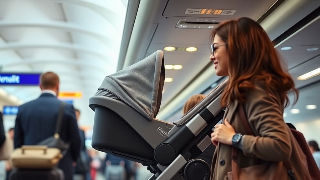 parent checking airline stroller regulations before travel