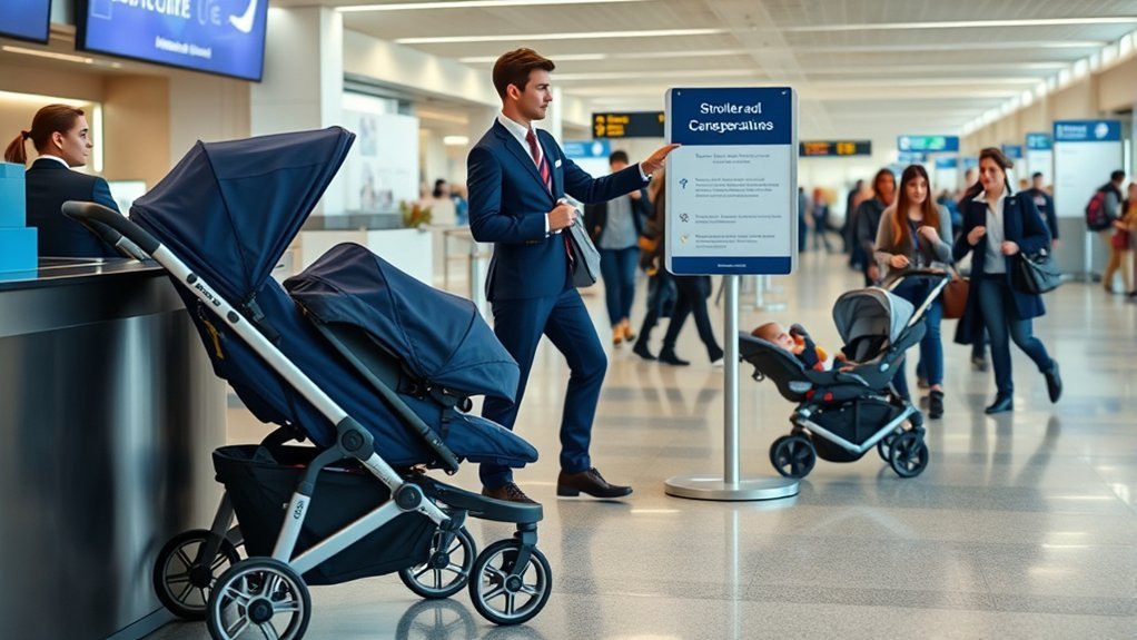 family traveling with stroller and car seat at the airport