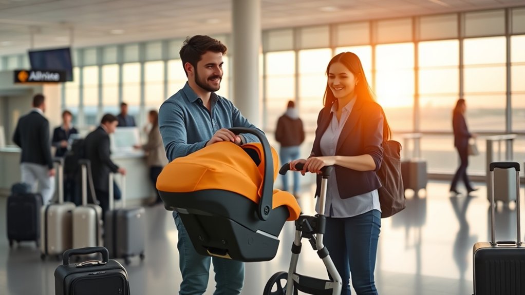 A family walking through an airport with a stroller and luggage.