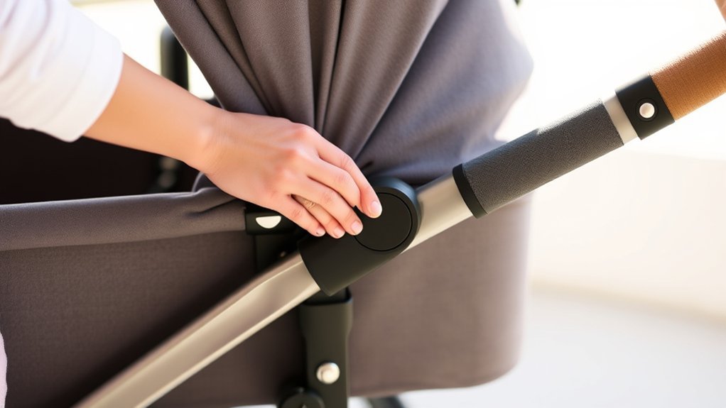 Close-up of the release button on the UPPAbaby bassinet carry handle