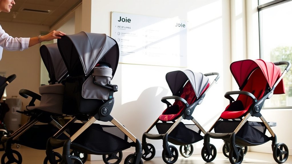 Joie double stroller features with side-by-side seating, canopies, and storage