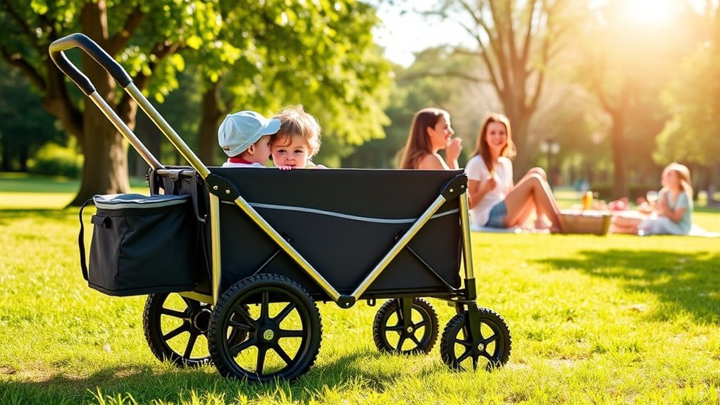 family using a versatile stroller wagon during an outdoor outing