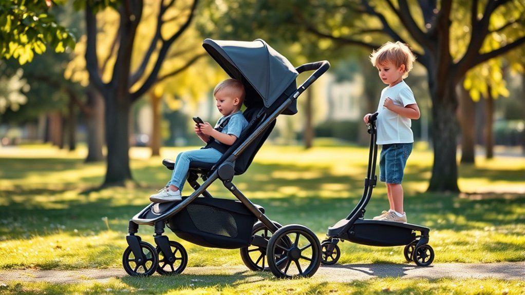versatile sit-and-stand stroller with front seat and rear riding area