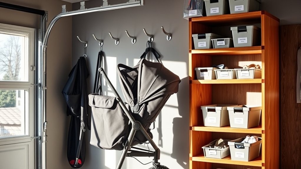 garage shelves used to organize stroller accessories and baby gear