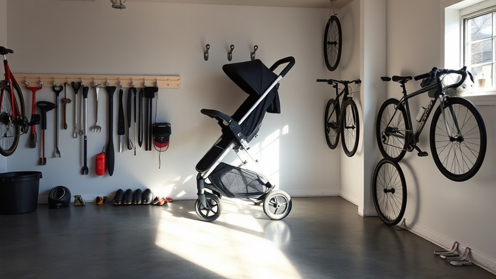 vertical garage storage solutions for strollers and bulky gear