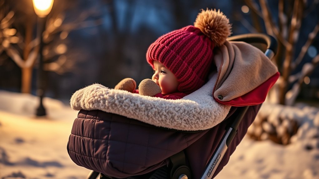 baby wearing winter hat mittens socks and booties in stroller