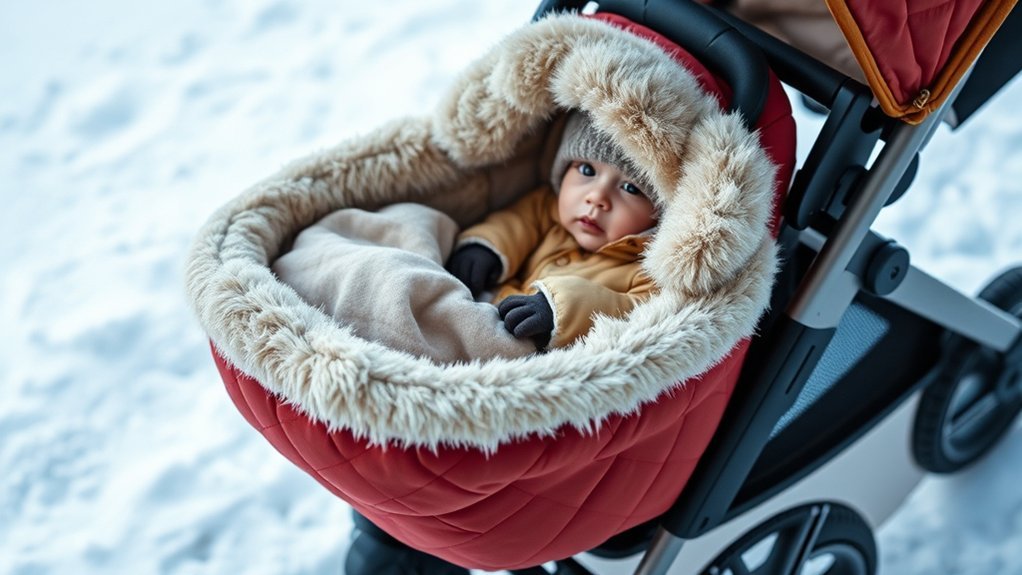 baby staying warm and comfortable outdoors in a stroller foot muff