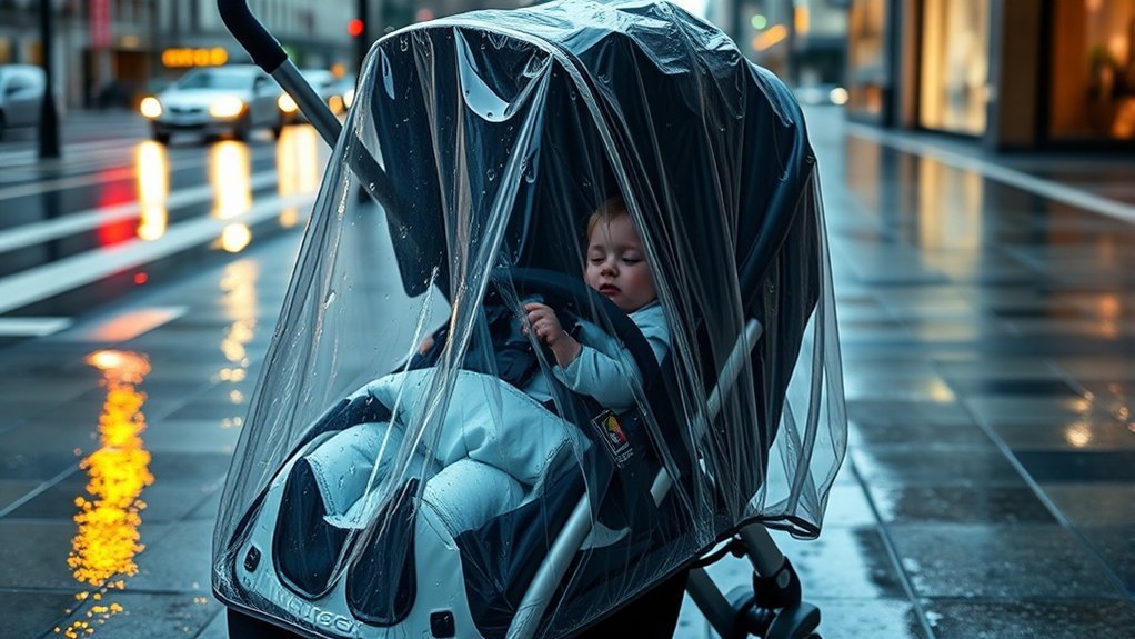 child stroller protected from wet weather with a fitted rain cover