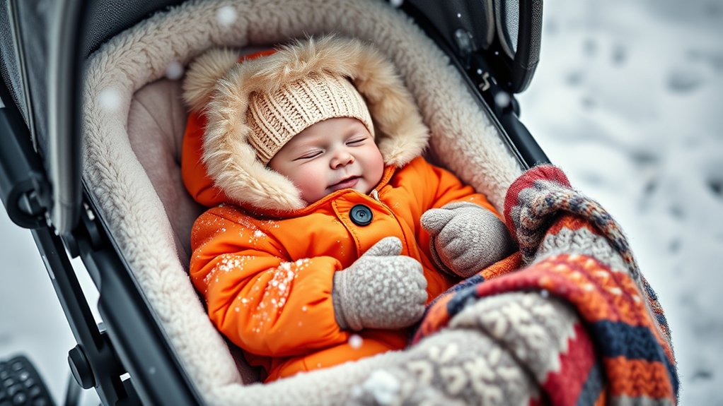 baby bundled up for winter stroller walk