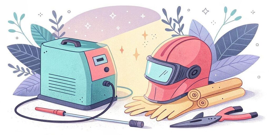 Illustration of a welding machine with a welding helmet and gloves