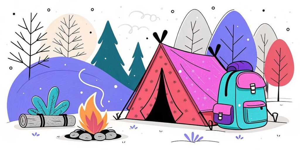 Illustration of a tent, backpack and campfire at a campsite