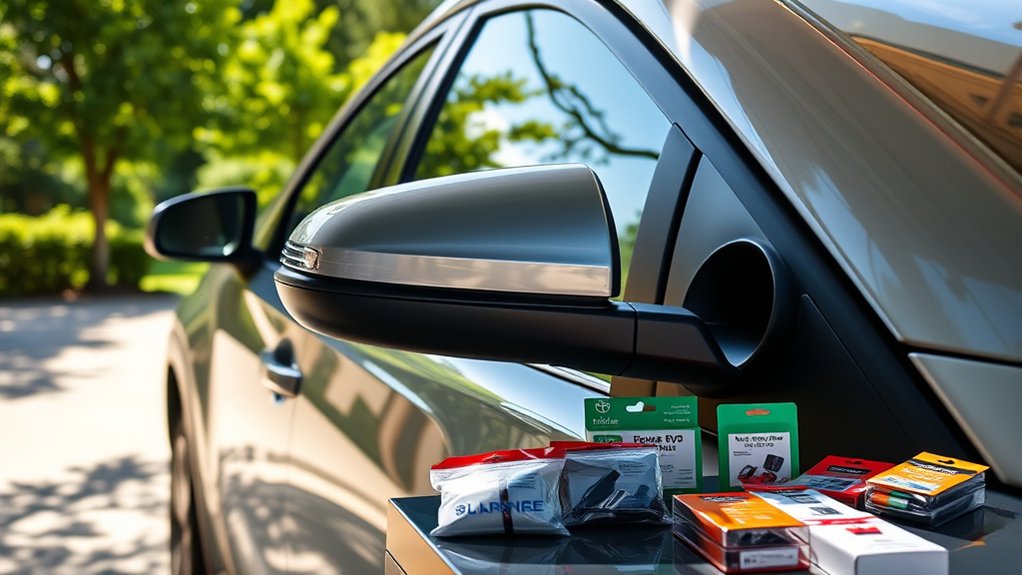 Aftermarket power-folding mirror kit components for a Toyota RAV4