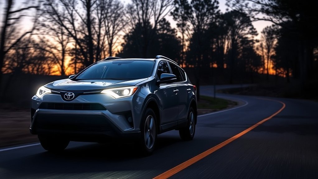 Toyota RAV4 using Automatic High Beams on a dark road at night