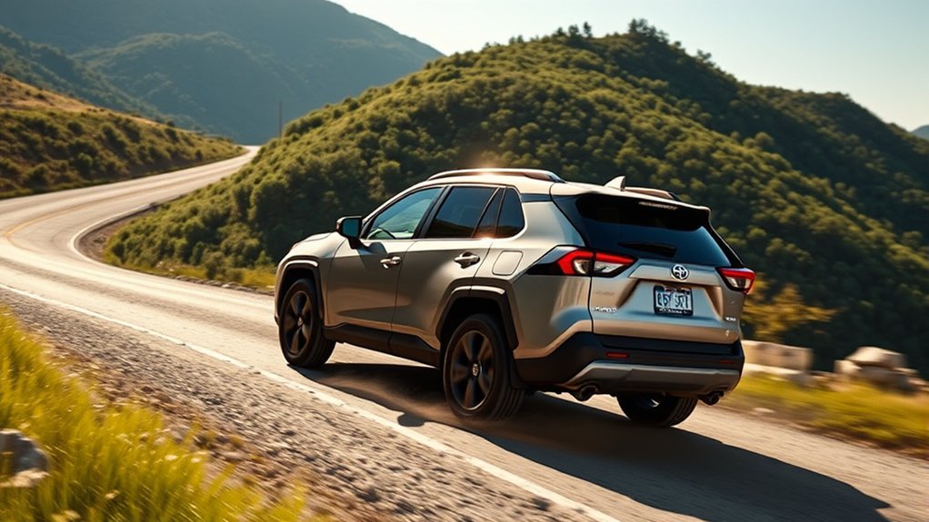 Toyota RAV4 Hybrid AWD providing rear-wheel assistance on a slippery road