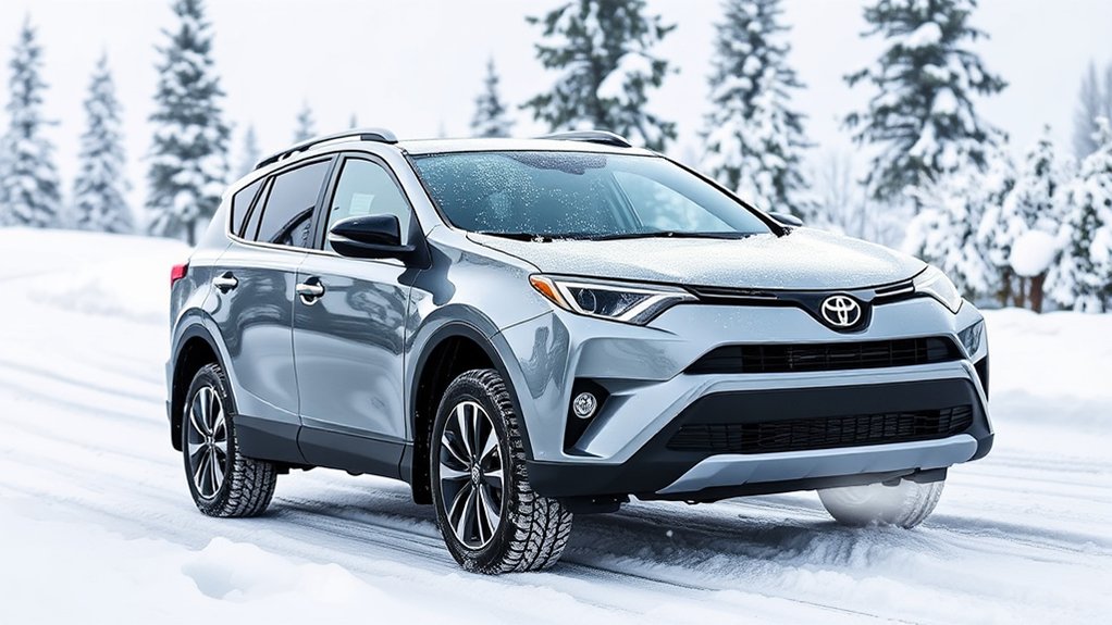 Toyota RAV4 all-wheel drive providing traction on a snowy road