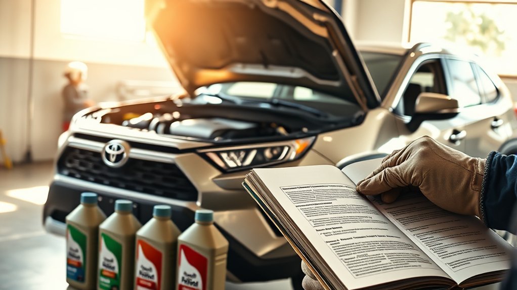 Toyota RAV4 owner checking the correct engine oil viscosity in the owner's manual