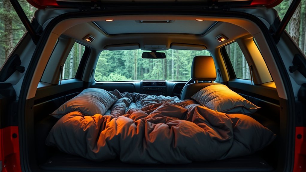 Folded Toyota RAV4 cargo area prepared for car camping