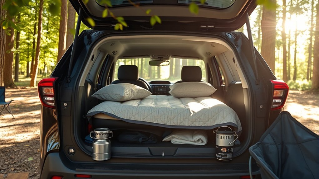 Interior of Toyota RAV4 set up for camping with accessories