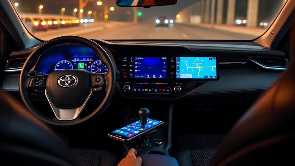 iPhone connected to a Toyota RAV4 for Apple CarPlay navigation