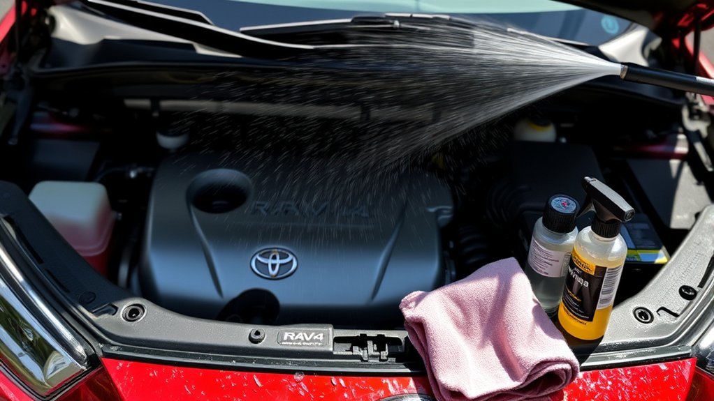 Use a low-moisture wipe-down instead of rinsing a Toyota RAV4 engine bay