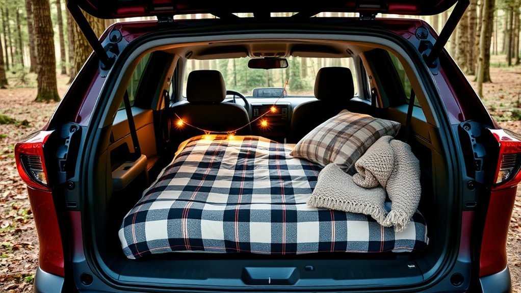 Comfortable Toyota RAV4 car-camping bed with the rear seatbacks folded