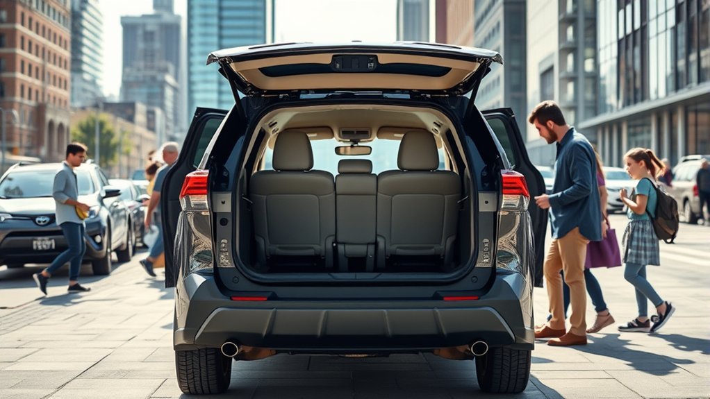 Family comparing Toyota SUVs with third-row seating