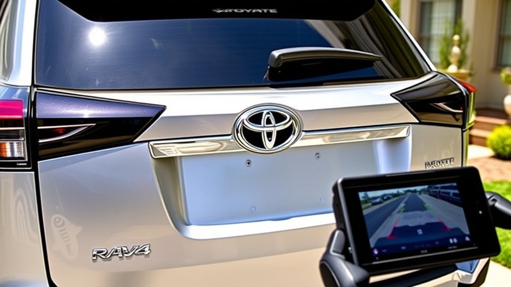 Driver using the Toyota RAV4 LE backup camera and parking guidelines
