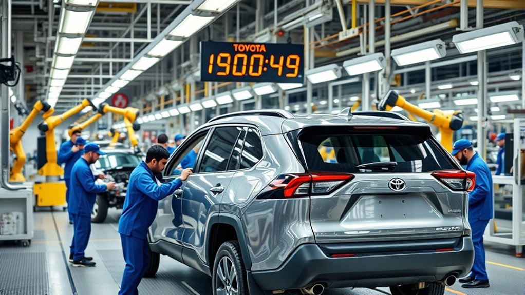 Toyota RAV4 body moving through an automated vehicle assembly line