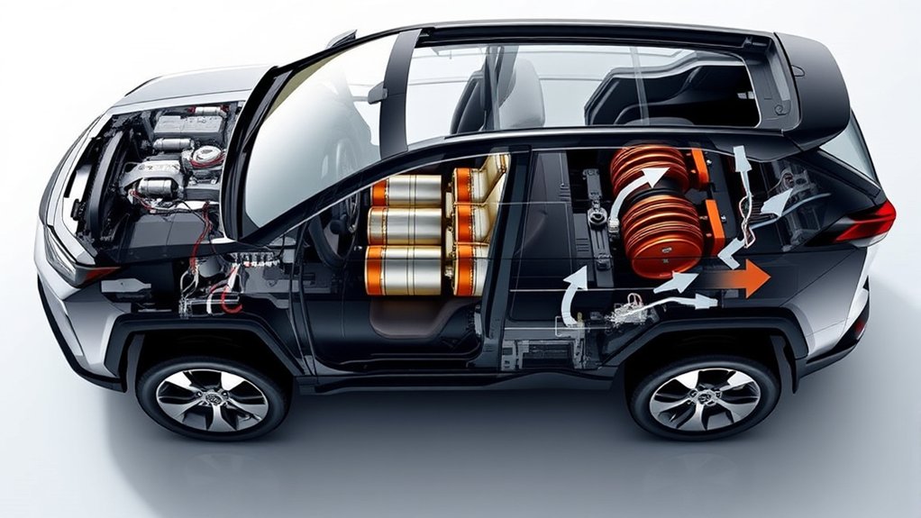 Toyota RAV4 Hybrid distributing power between the engine, front motor and rear AWD motor