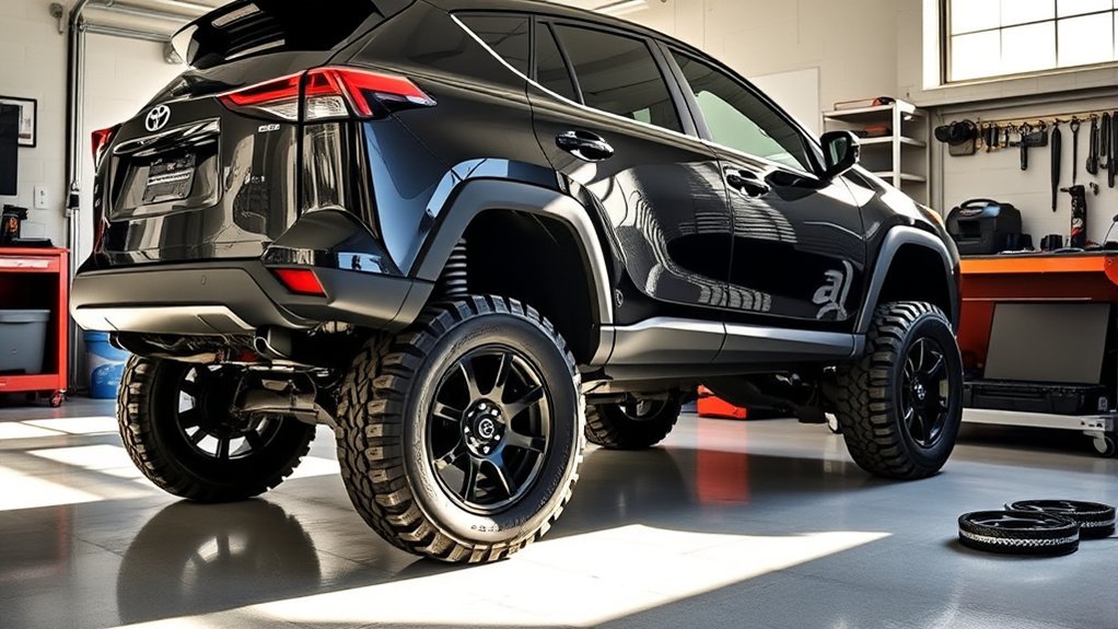 Lifted Toyota RAV4 driving on a rough trail with increased clearance