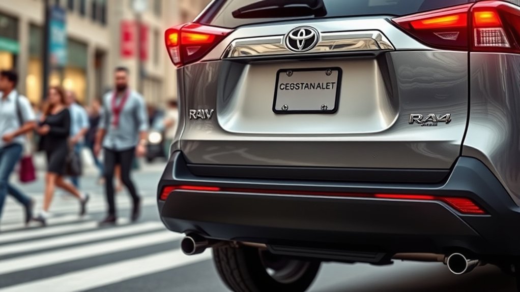Toyota RAV4 using Rear Cross-Traffic Alert in a crowded parking lot