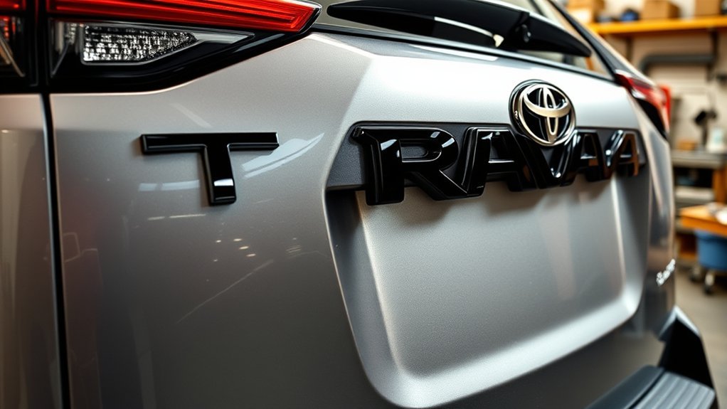 Pressing a Toyota RAV4 blackout emblem overlay for even adhesion