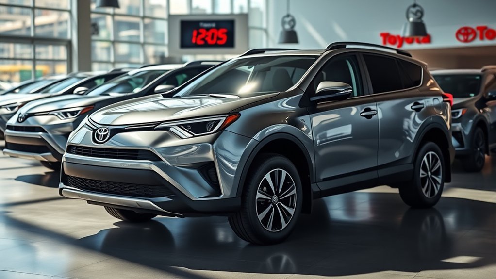 Toyota hybrid vehicles lined up for dealership delivery
