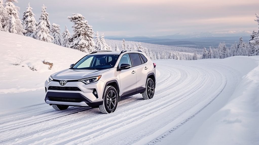 Toyota RAV4 driving carefully in winter snow and icy conditions
