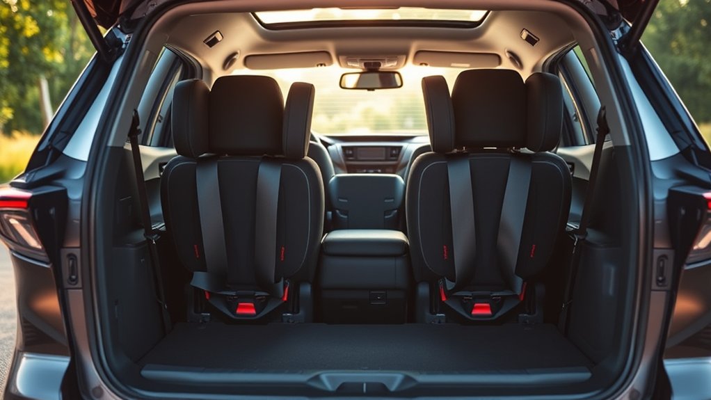 Narrow child car seats being test-fitted across a Toyota RAV4 rear seat