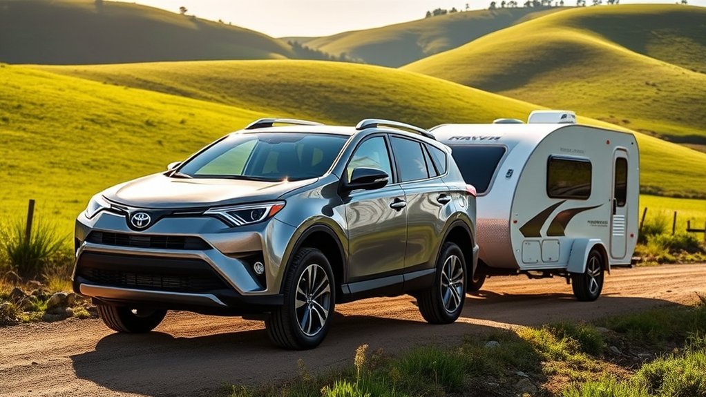 Toyota RAV4 prepared for lightweight camper towing on a road trip