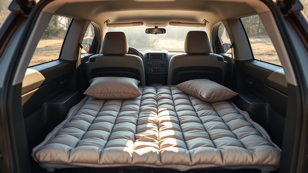 Level sleeping platform and padded bed setup inside a Toyota RAV4