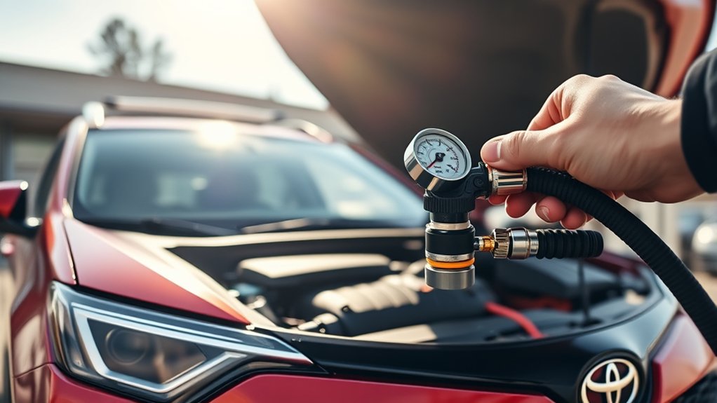 Connecting a refrigerant recharge hose to a Toyota RAV4 low-side A/C port