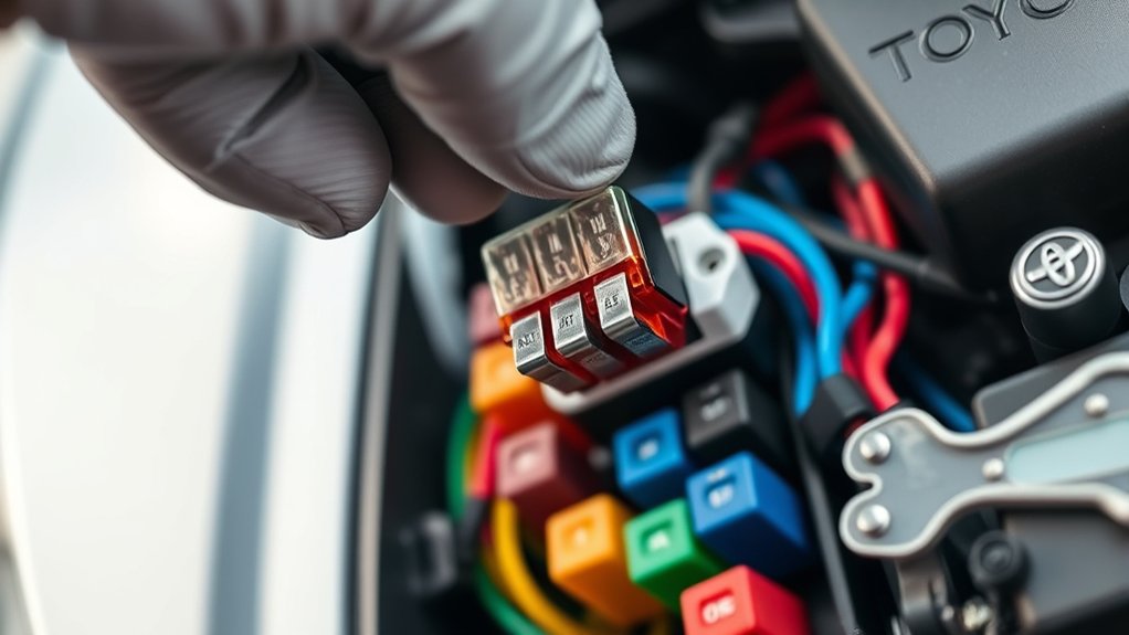 Removing and replacing the bolted 120A ALT fusible link in a Toyota RAV4 fuse box