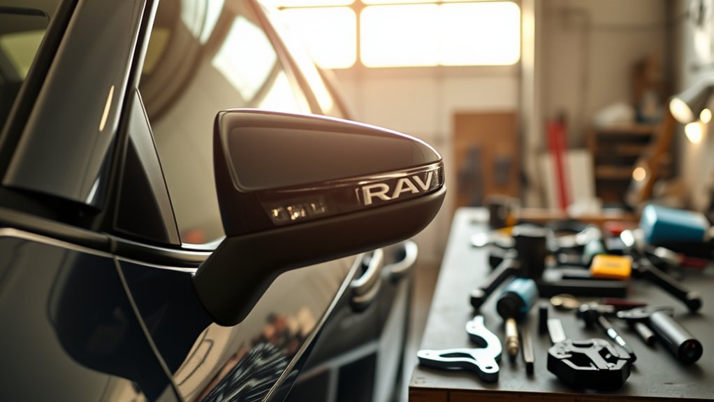 Toyota RAV4 door mirror removed during a power-folding mirror retrofit