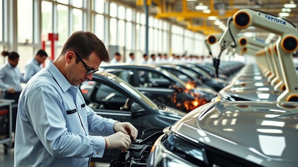 Toyota worker inspecting a completed RAV4 during factory quality control
