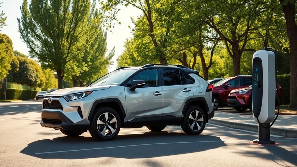 Driver considering the cost, charging, and environmental benefits of a Toyota electric vehicle