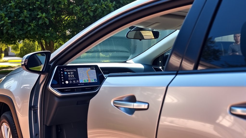 Driver comparing smartphone navigation options for a Toyota RAV4 LE
