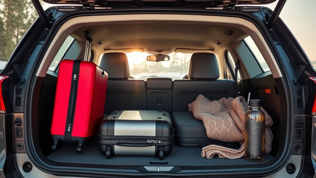 Suitcases arranged in a Toyota RAV4 cargo area for a road trip